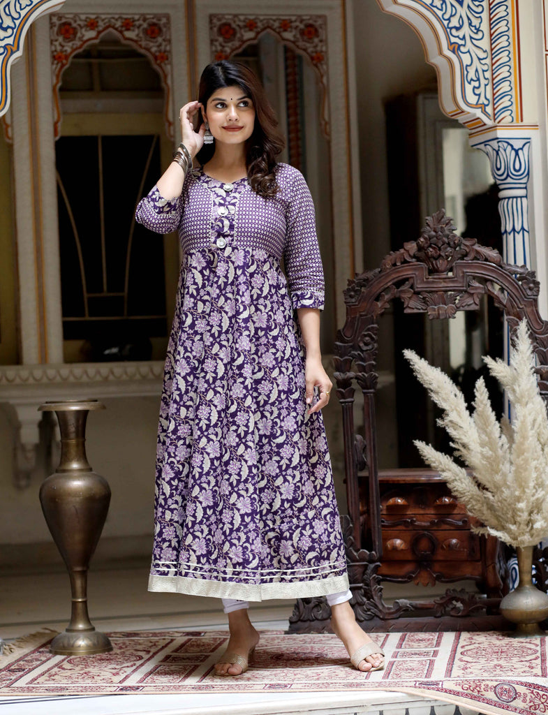 Women's Purple Cotton Floral Gota Lace Work Anarkali Kurta