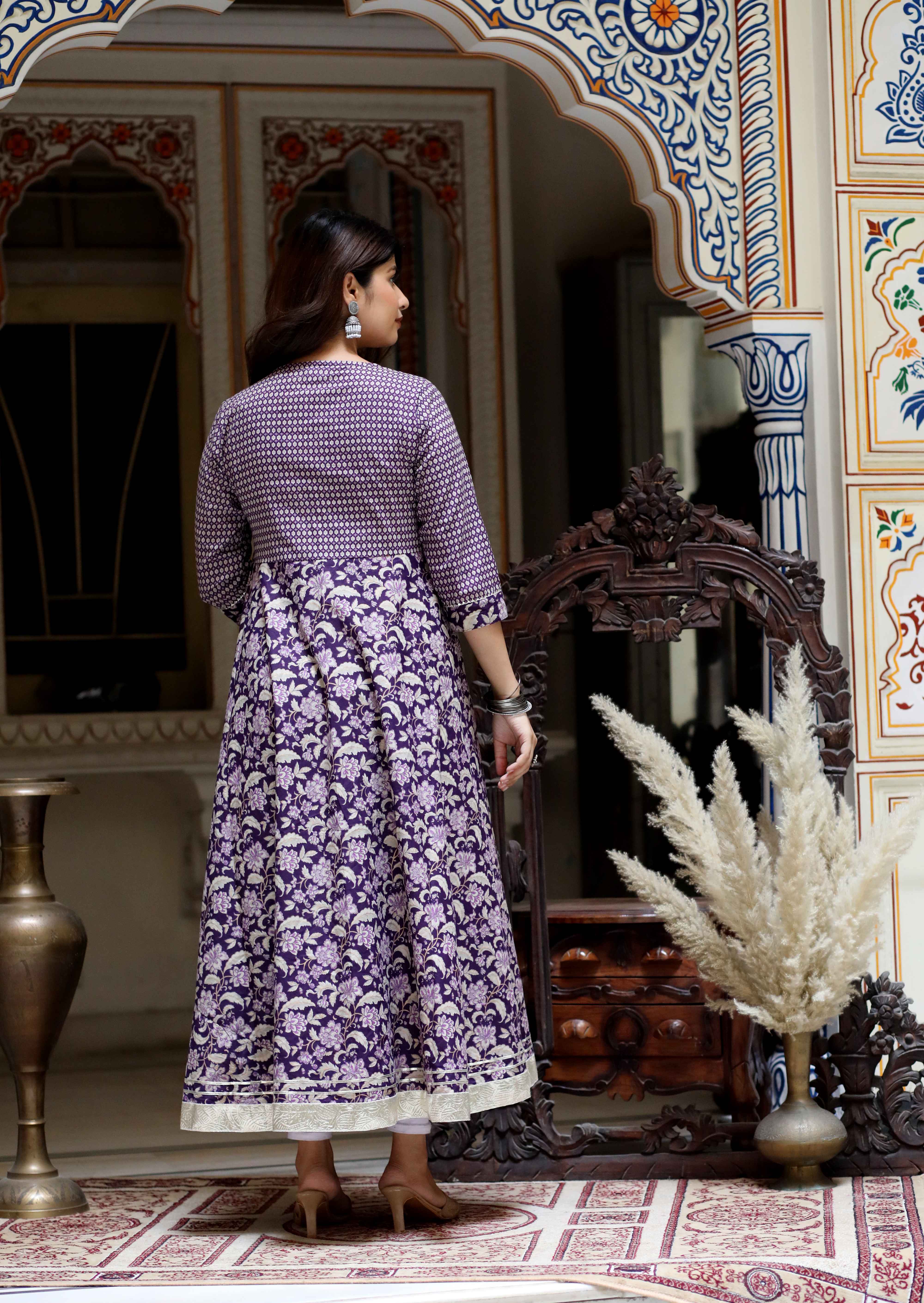 Women's Purple Cotton Floral Gota Lace Work Anarkali Kurta - Doriyaan
