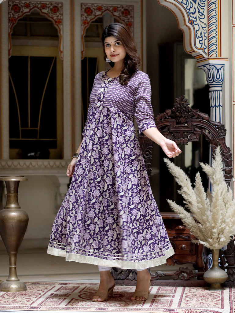 Women's Purple Cotton Floral Gota Lace Work Anarkali Kurta