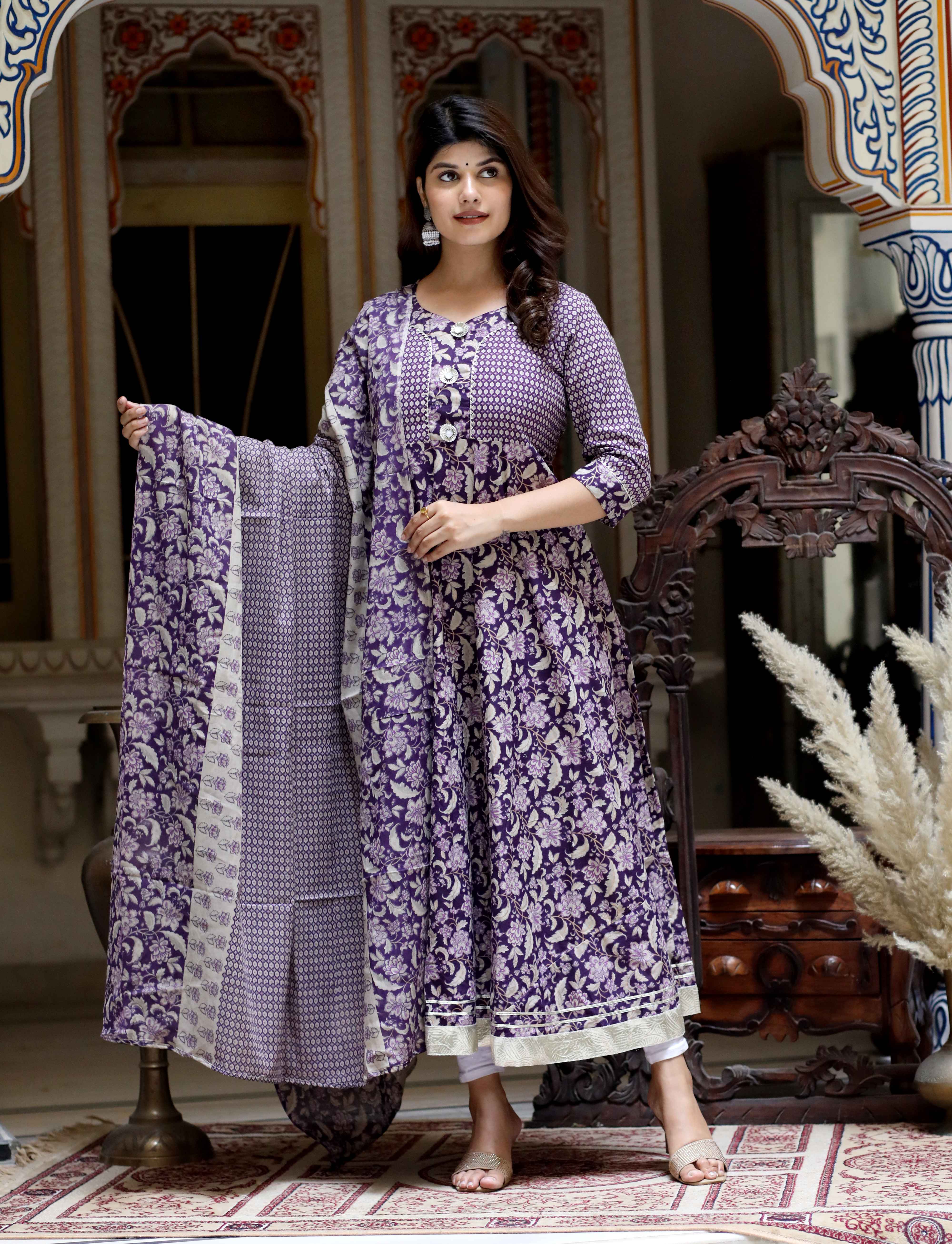 Women's Purple Cotton Floral Gota Lace Work Anarkali Kurta And Dupatta - Doriyaan