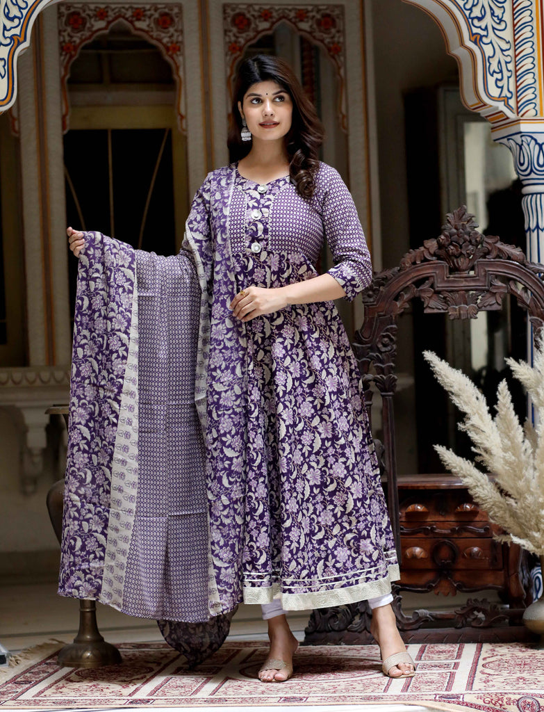 Women's Purple Cotton Floral Gota Lace Work Anarkali Kurta And Dupatta