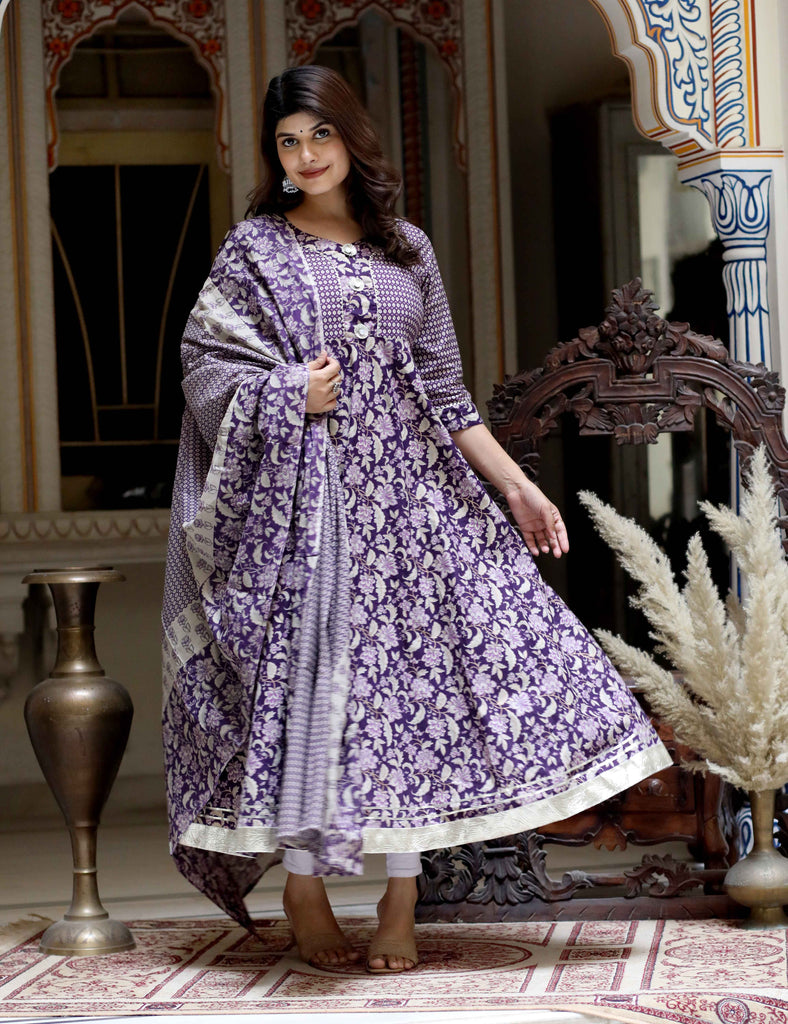 Women's Purple Cotton Floral Gota Lace Work Anarkali Kurta And Dupatta