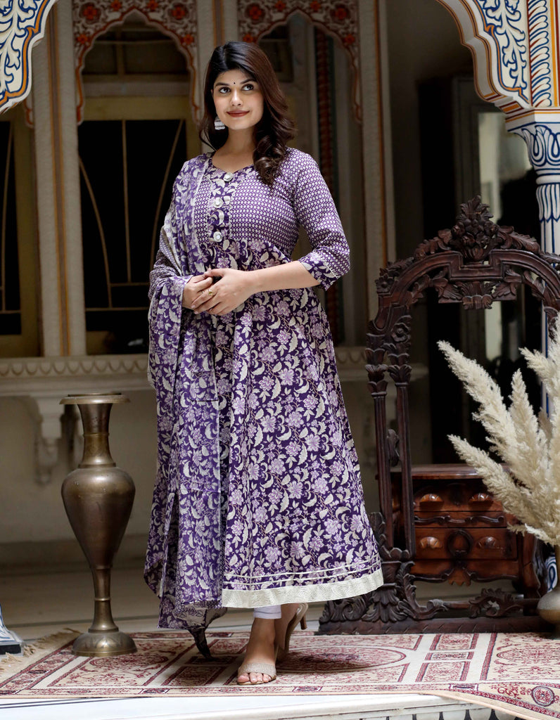 Women's Purple Cotton Floral Gota Lace Work Anarkali Kurta And Dupatta