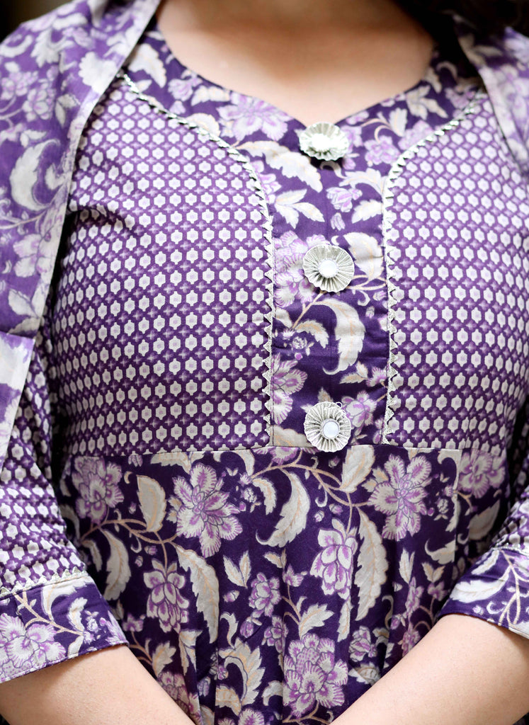Women's Purple Cotton Floral Gota Lace Work Anarkali Kurta And Dupatta