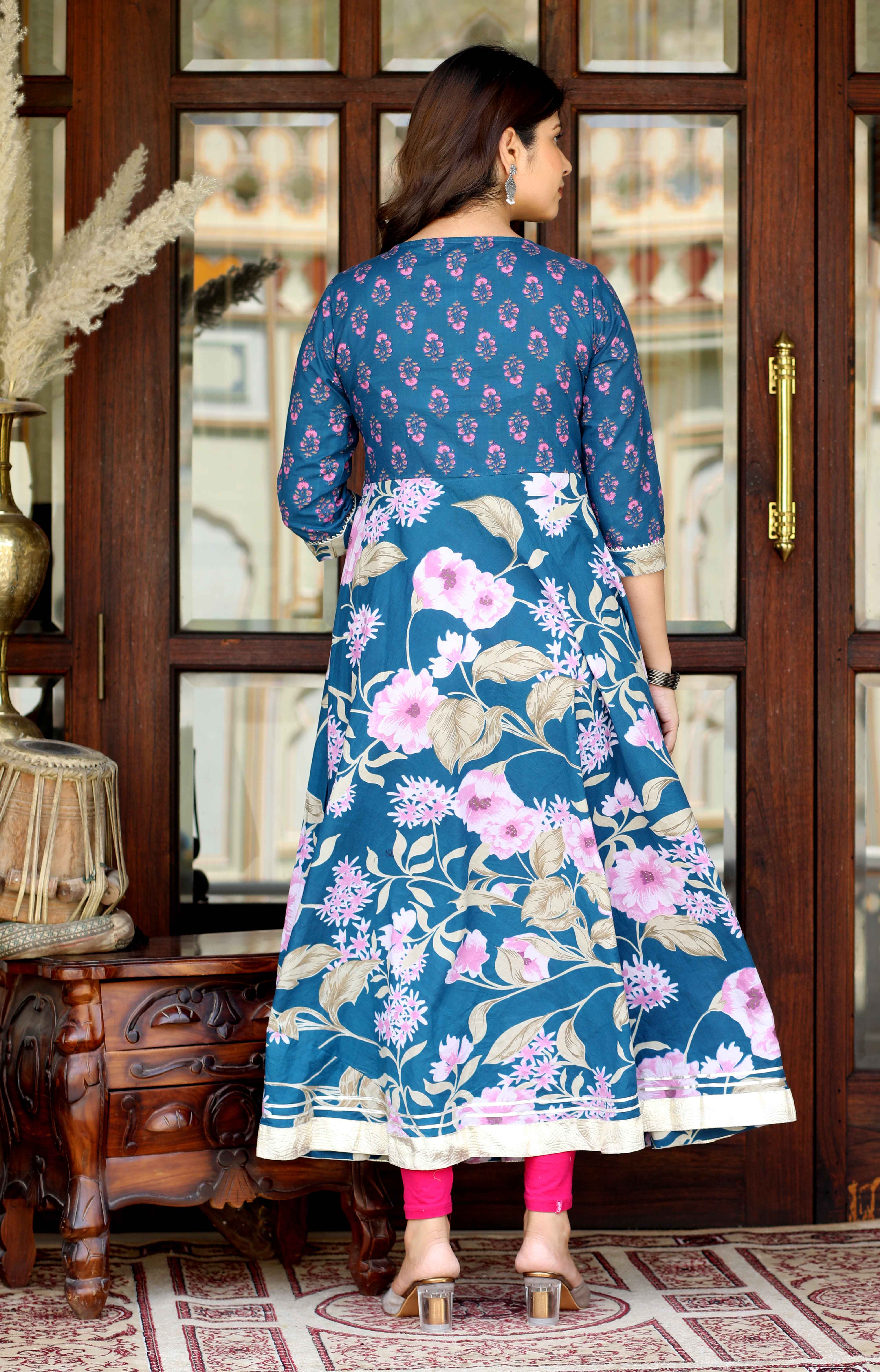 Women's Jaipuri Flower Printed Blue Anarkali Kurta With Beautiful Border Details - Doriyaan