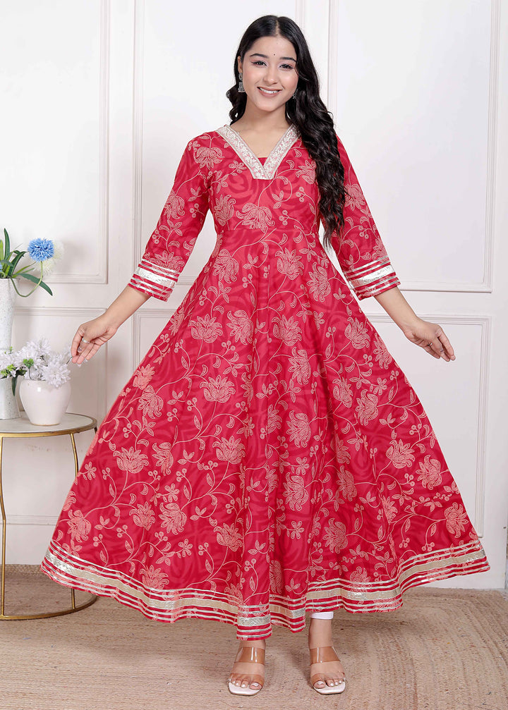 Women's Red Jaipuri Printed Cotton Ethnic Anarkali Kurta