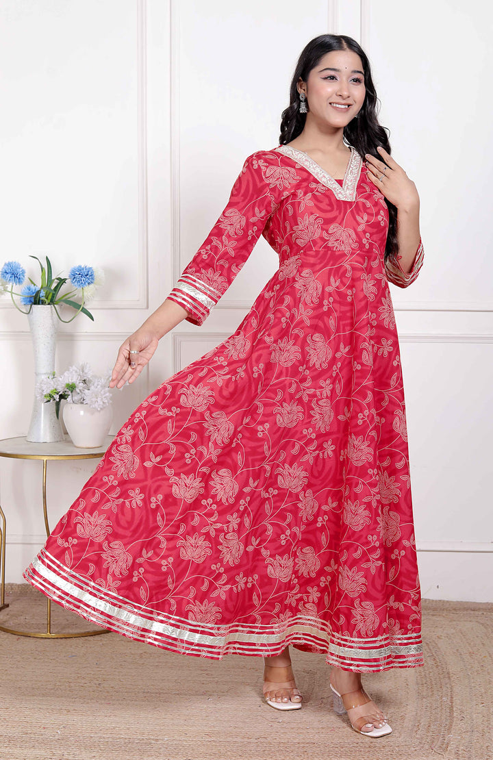 Women's Red Jaipuri Printed Cotton Ethnic Anarkali Kurta