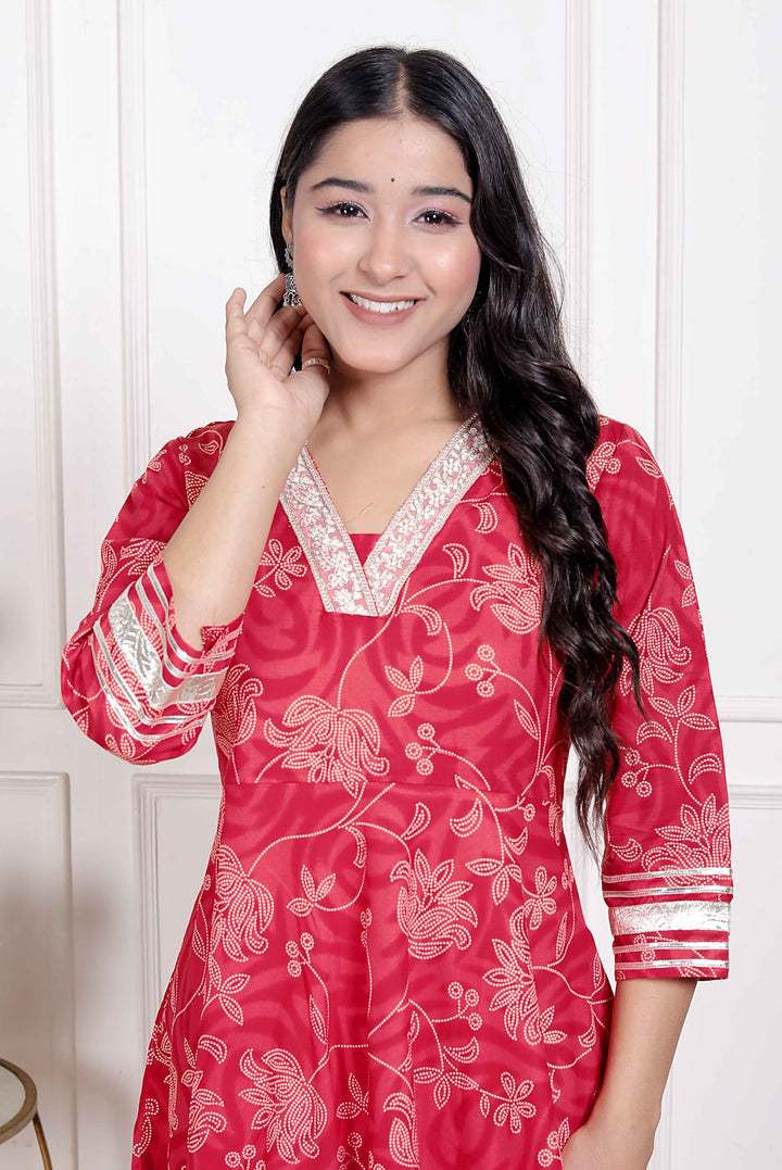 Women's Red Jaipuri Printed Cotton Ethnic Anarkali Kurta