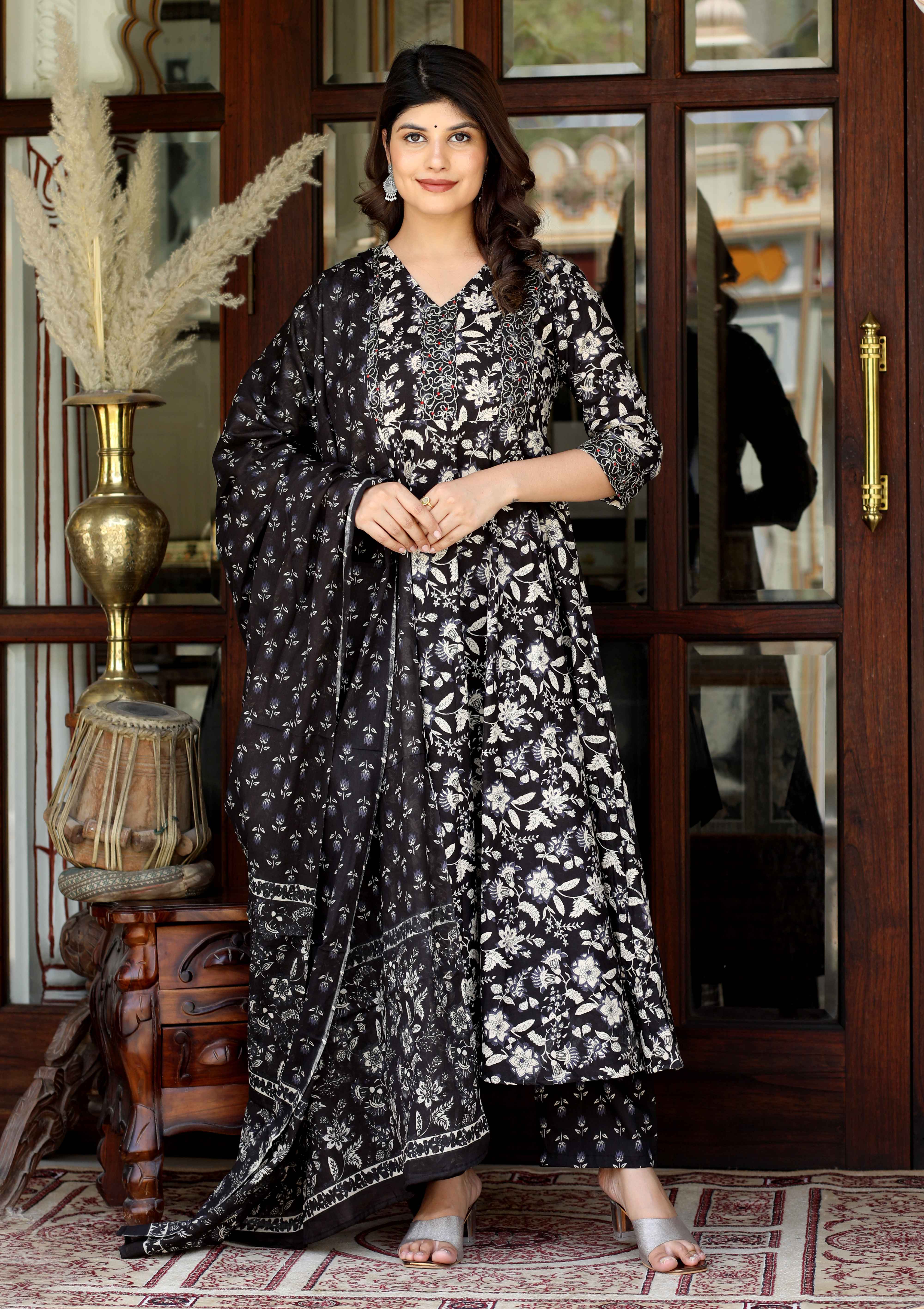 Women's Black Cotton Embroidered Attractive Anarkali Kurta And Palazzo With Dupatta Set