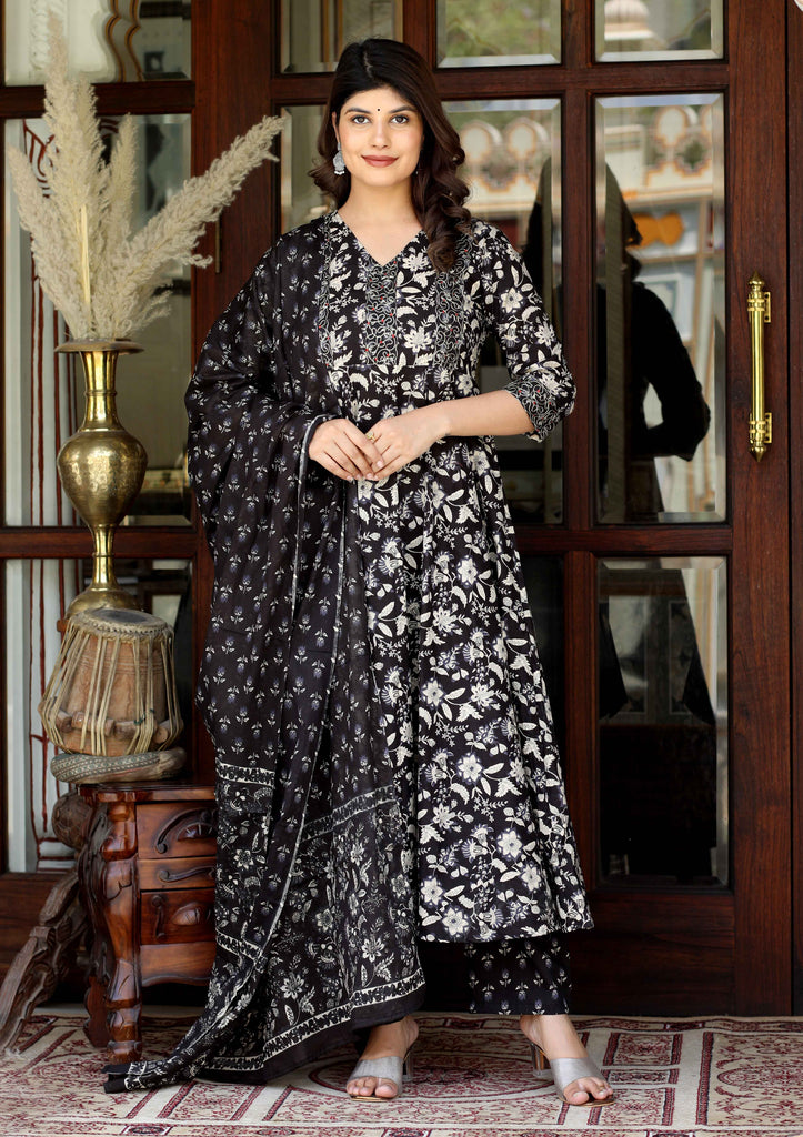 Women's Black Cotton Embroidered Attractive Anarkali Kurta And Palazzo With Dupatta Set