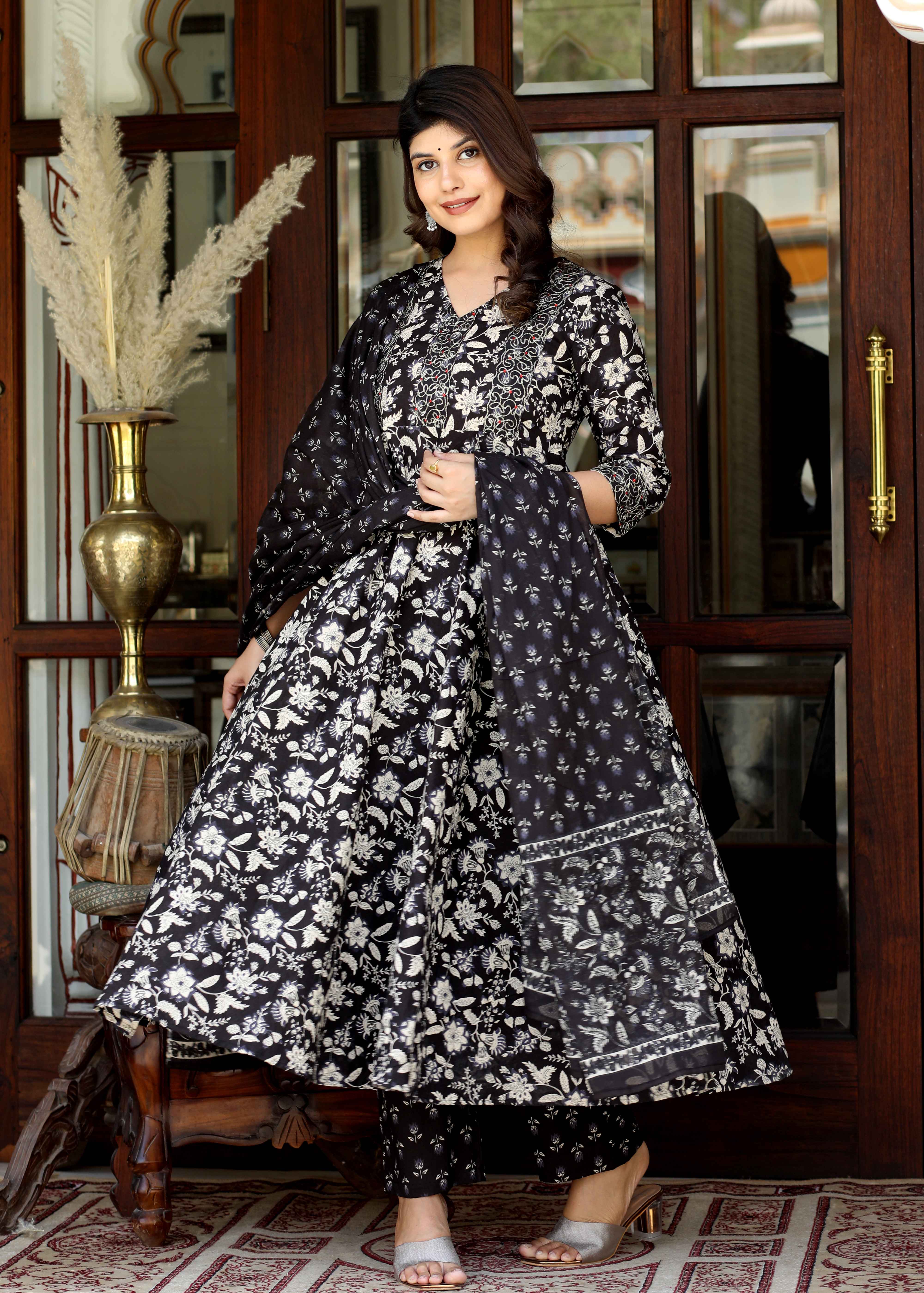 Women's Black Cotton Embroidered Attractive Anarkali Kurta And Palazzo With Dupatta Set - Doriyaan