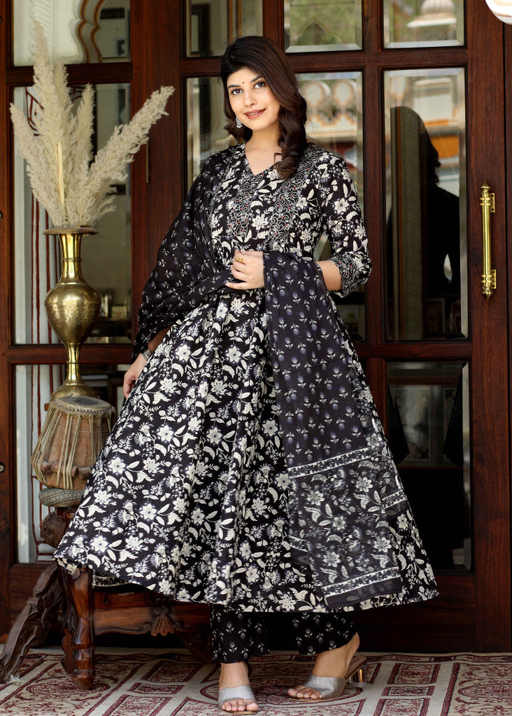Women's Black Cotton Embroidered Attractive Anarkali Kurta And Palazzo With Dupatta Set