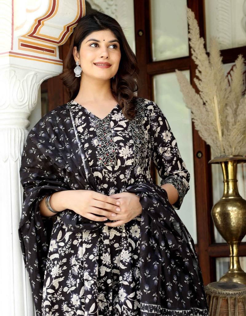 Women's Black Cotton Embroidered Attractive Anarkali Kurta And Palazzo With Dupatta Set