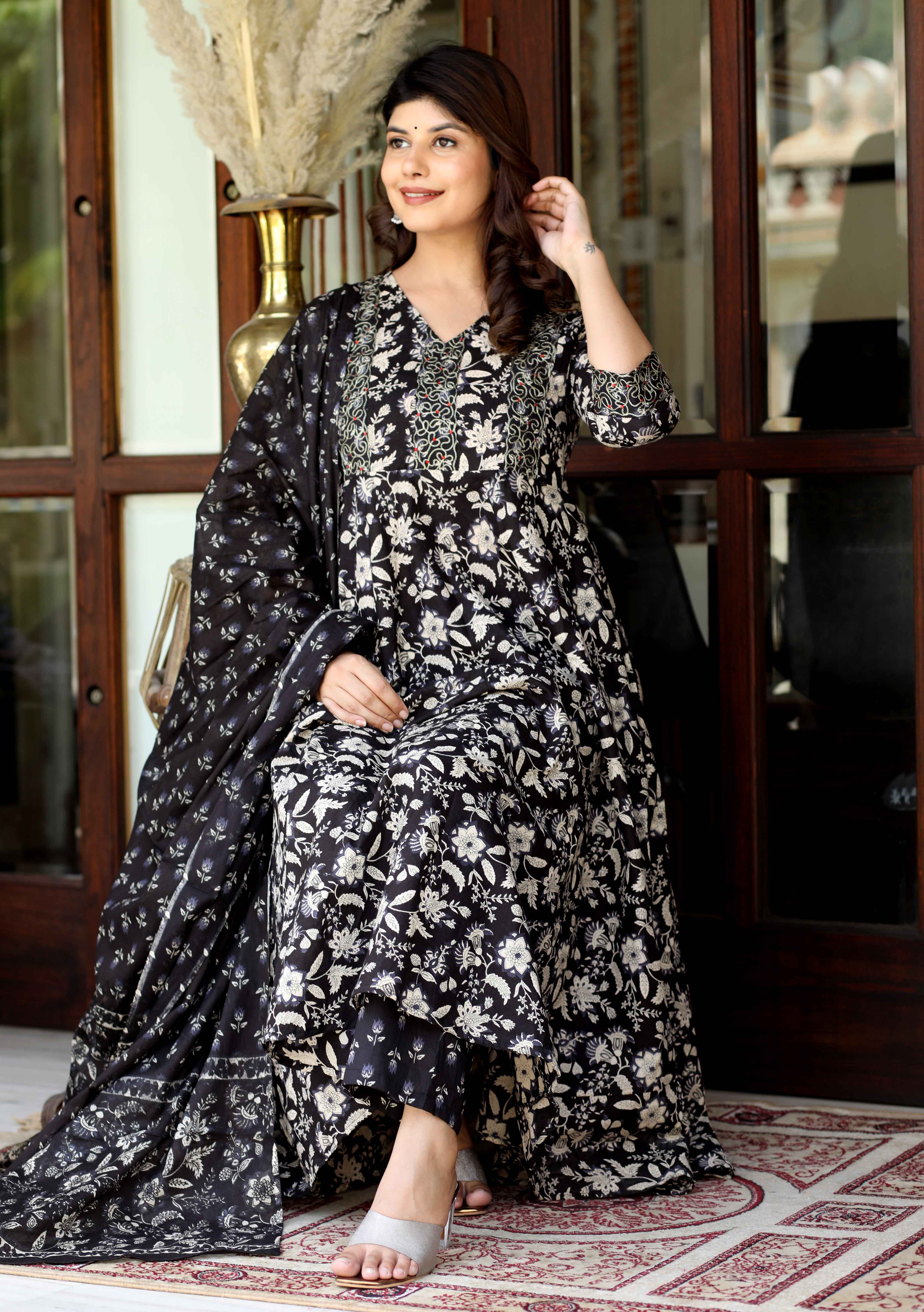 Women's Black Cotton Embroidered Attractive Anarkali Kurta And Palazzo With Dupatta Set - Doriyaan