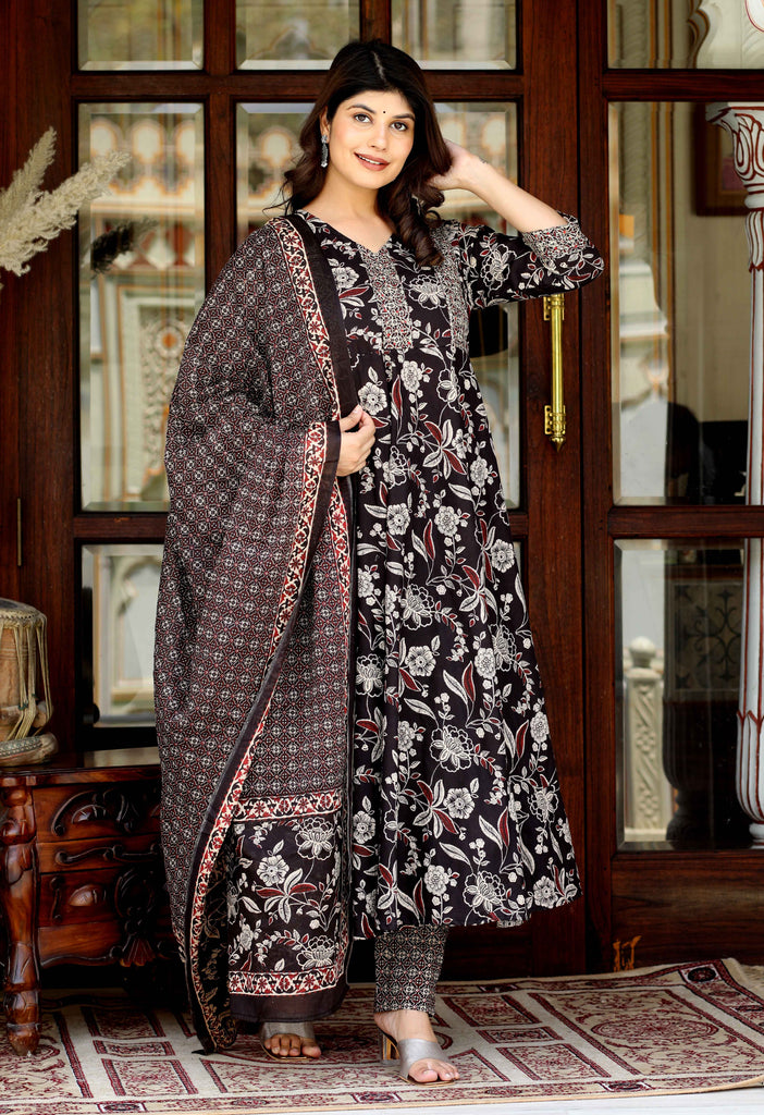 Women's Embroidered Multi Colour Anarkali Kurta With Palazzo And Dupatta