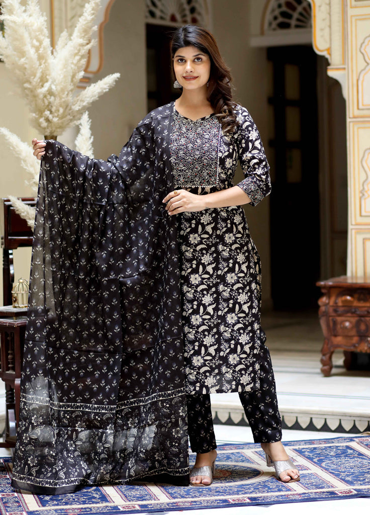 Women's Black Floral Printed Kurta Palazzo With Dupatta Set