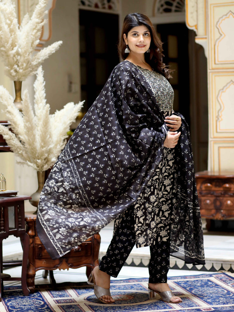 Women's Black Floral Printed Kurta Palazzo With Dupatta Set