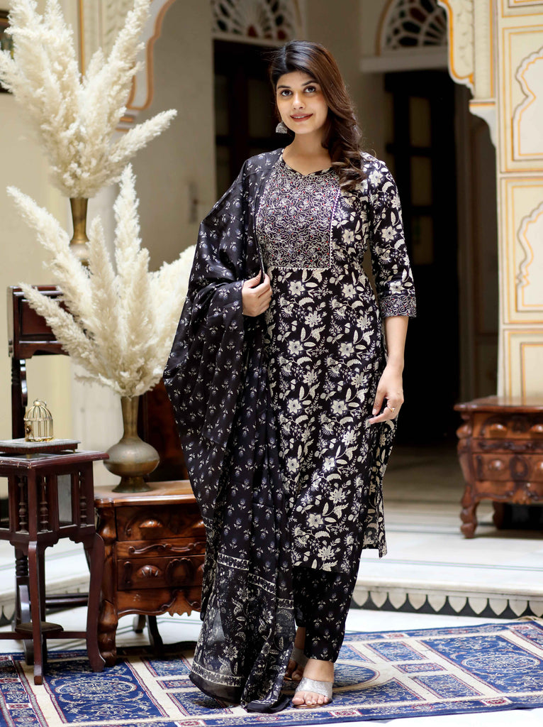 Women's Black Floral Printed Kurta Palazzo With Dupatta Set