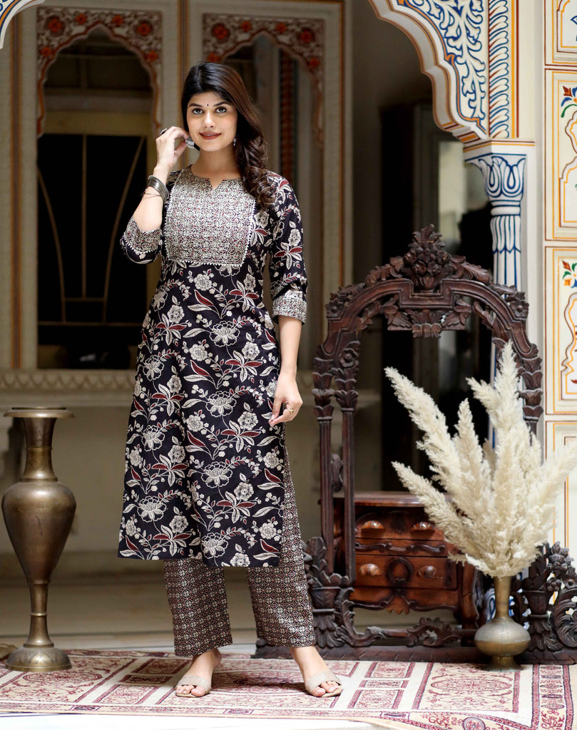 Women's Multi Colour Floral Printed Embroidery Yoke Design Kurta With Palazzo