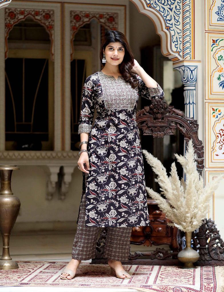 Women's Multi Colour Floral Printed Embroidery Yoke Design Kurta With Palazzo