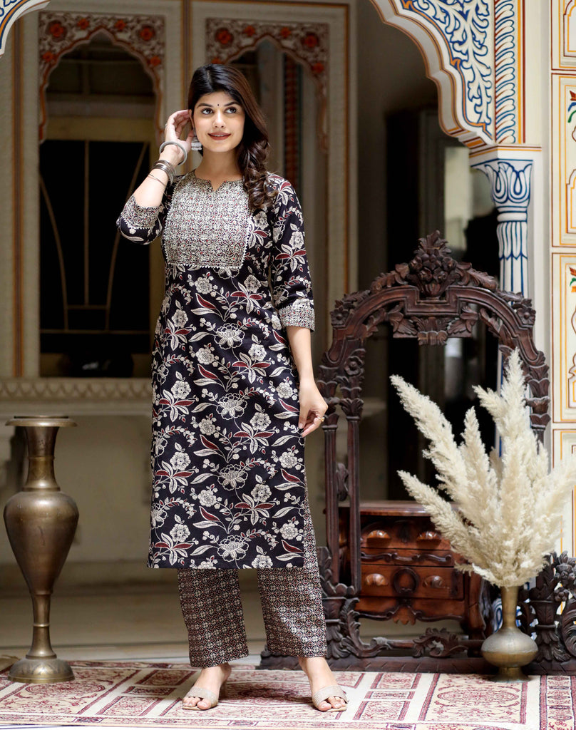 Women's Multi Colour Floral Printed Embroidery Yoke Design Kurta With Palazzo