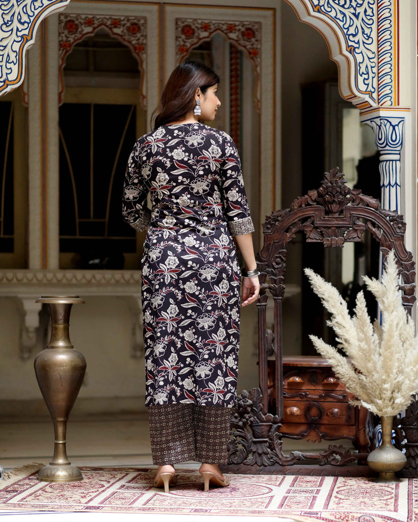 Women's Multi Colour Floral Printed Embroidery Yoke Design Kurta With Palazzo