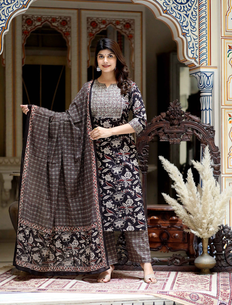 Women's Multi Colour Floral Printed Embroidery Yoke Design Kurta With Palazzo And Dupatta Set