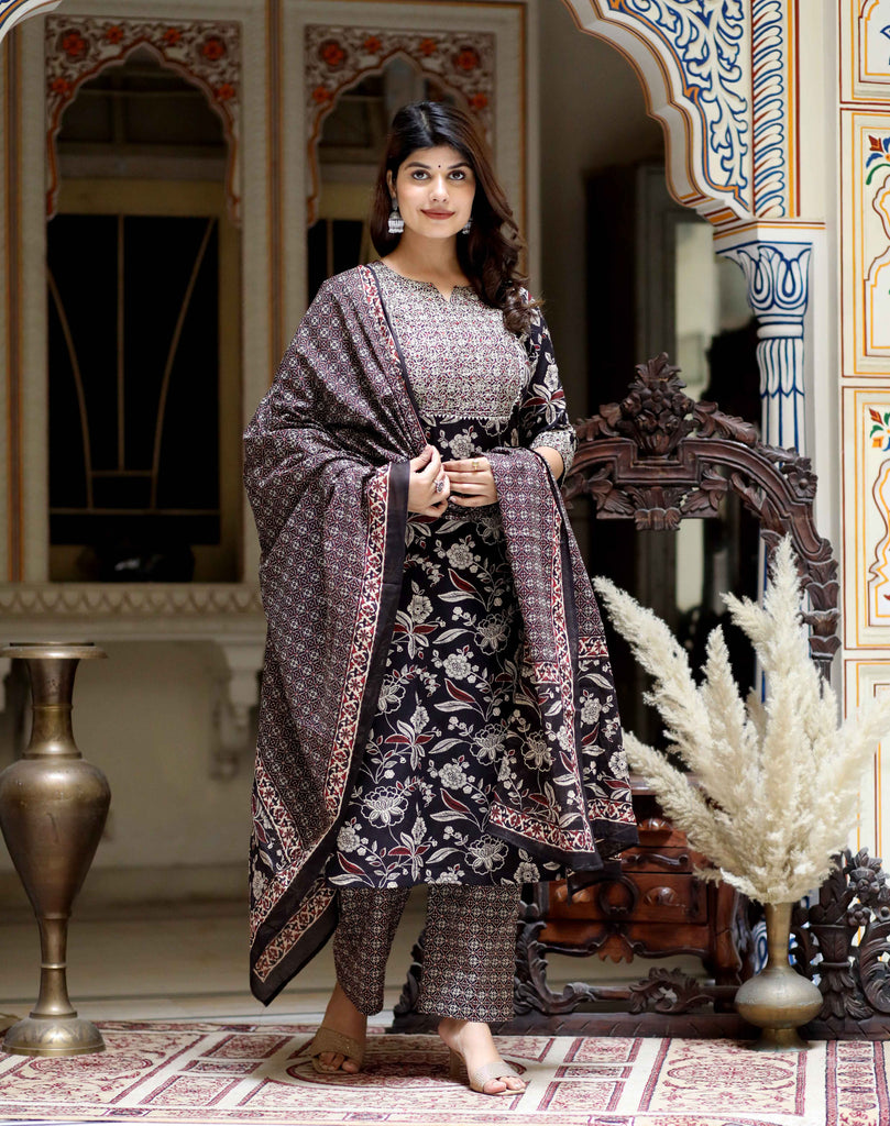 Women's Multi Colour Floral Printed Embroidery Yoke Design Kurta With Palazzo And Dupatta Set