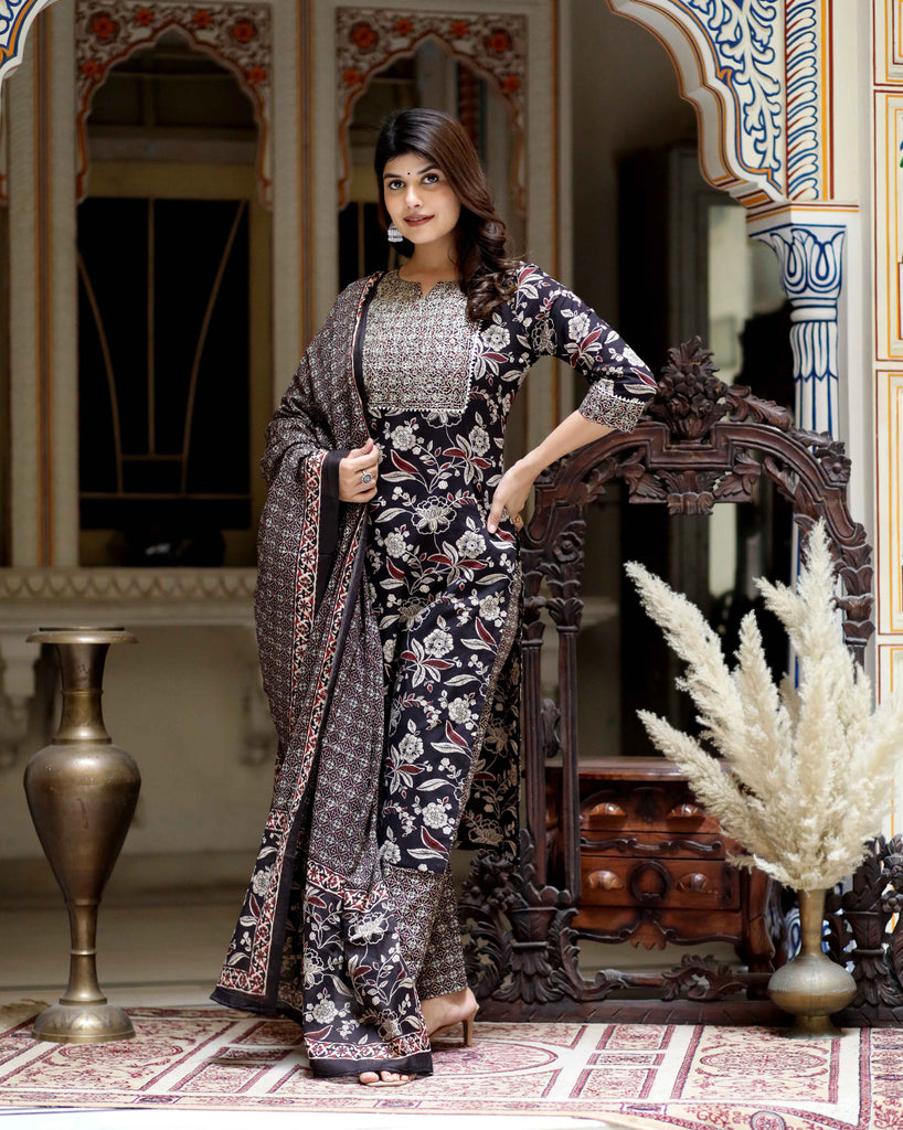 Women's Multi Colour Floral Printed Embroidery Yoke Design Kurta With Palazzo And Dupatta Set