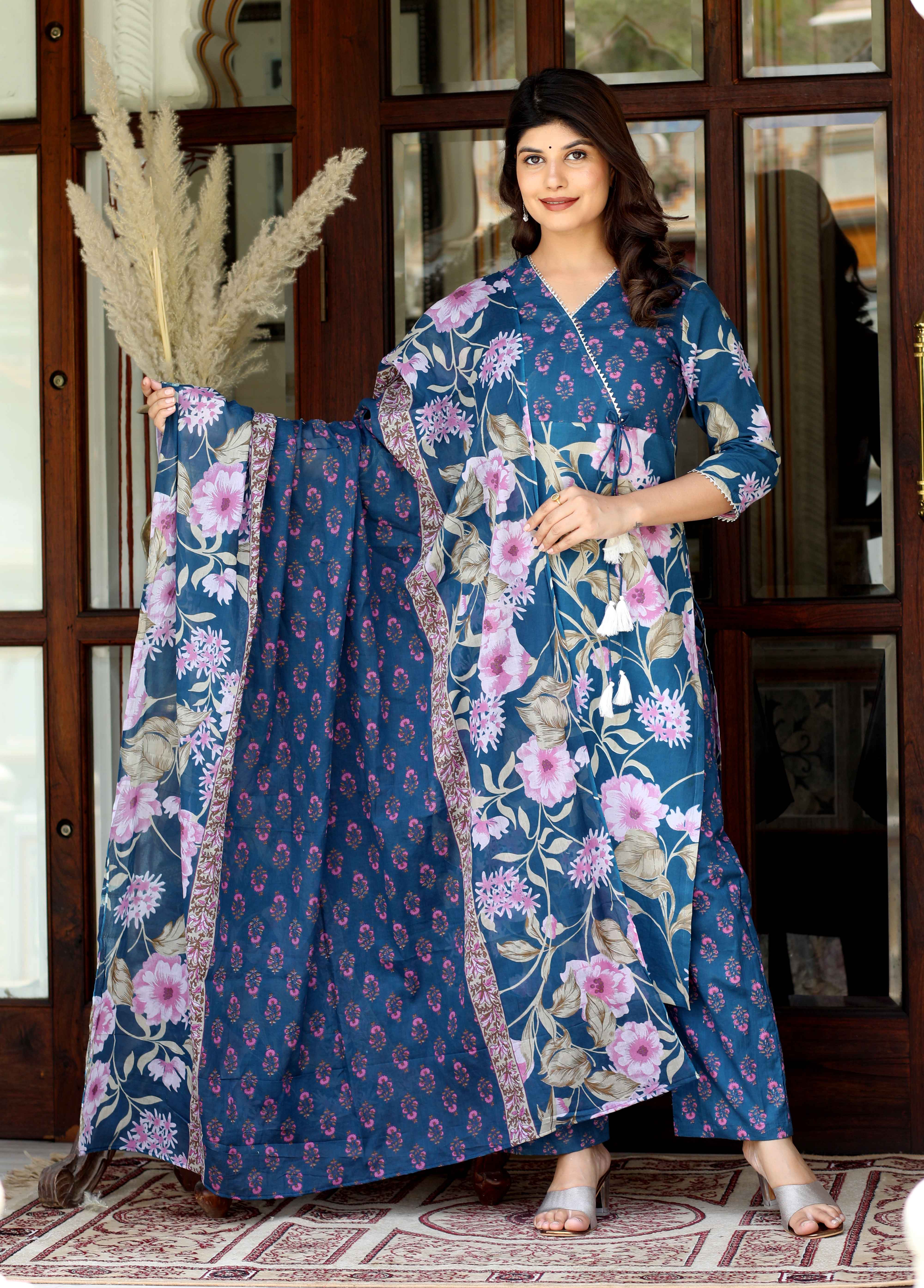 Women's Cotton Floral Angrakha Kurta And Palazzo With Dupatta Set - Doriyaan