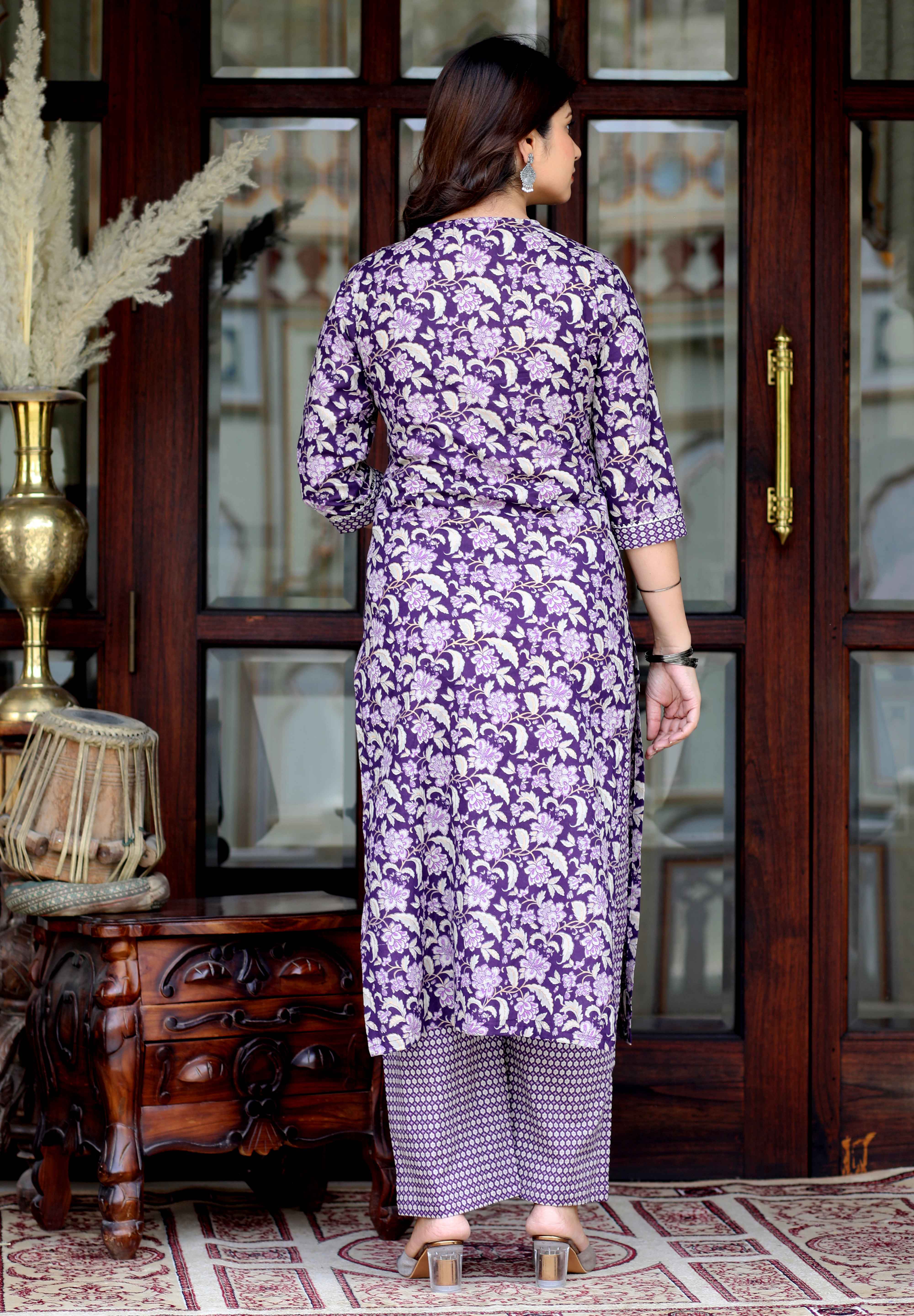 Women's Floral Block Printed Purple Angrakha Kurta With Floral Palazzo - Doriyaan