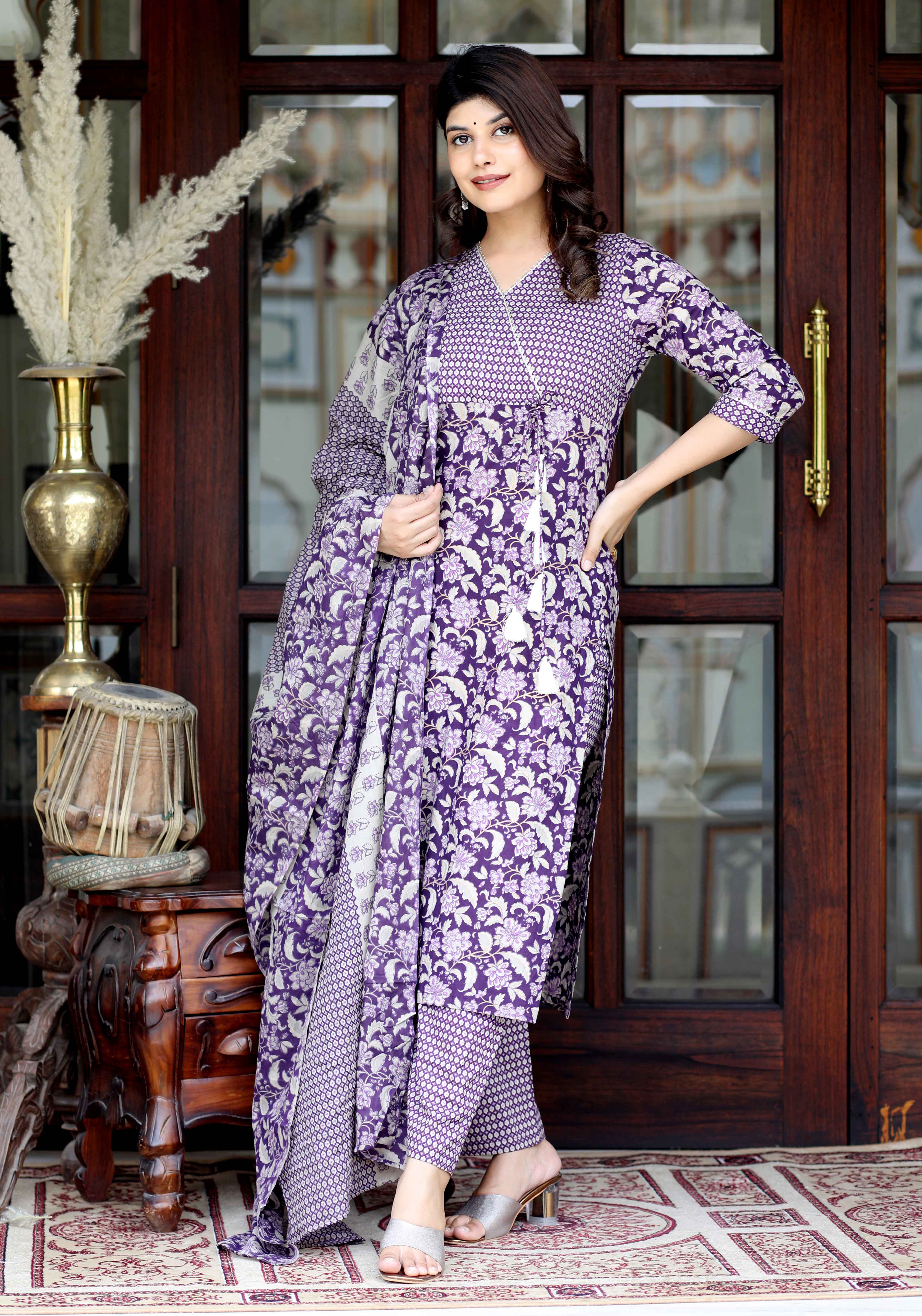Women's Floral Block Printed Purple Angrakha Kurta And Palazzo With Dupatta Set - Doriyaan