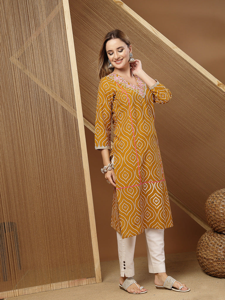 Women's Mustard Bandhej Printed & Embroidered Cotton Straight Kurta