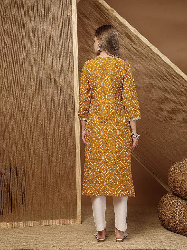 Women's Mustard Bandhej Printed & Embroidered Cotton Straight Kurta