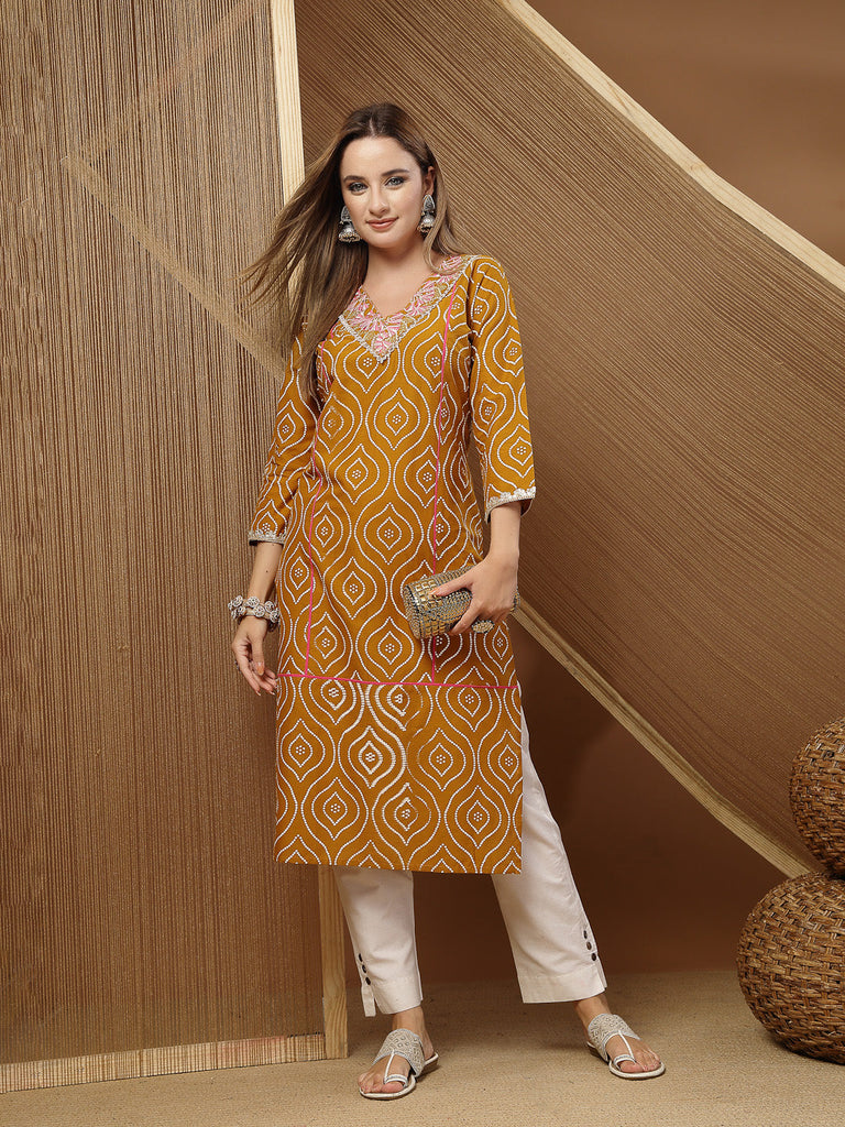 Women's Mustard Bandhej Printed & Embroidered Cotton Straight Kurta
