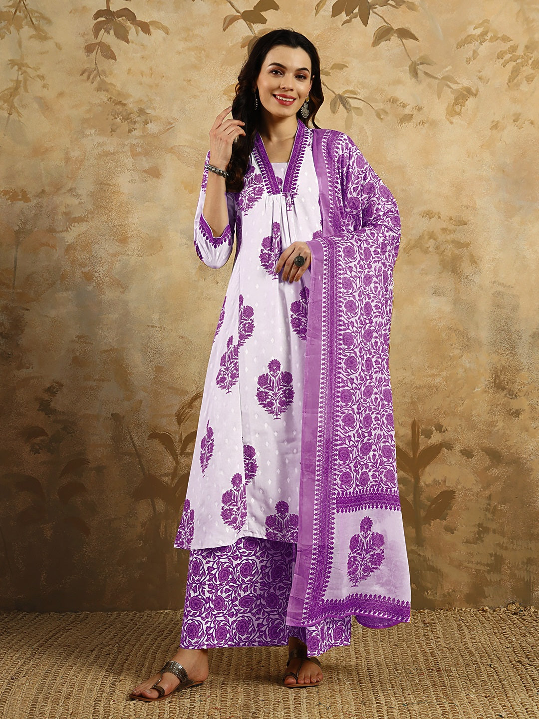 Women's Cotton Blend Fabric Printed Work Straight Cut Kurta, Pant And Dupatta Set - The52