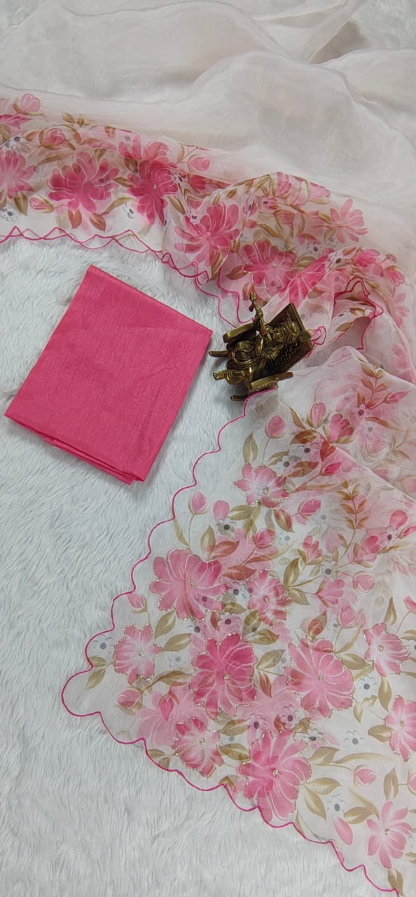 Women's White Organza Digital Print Hand Work Sarees