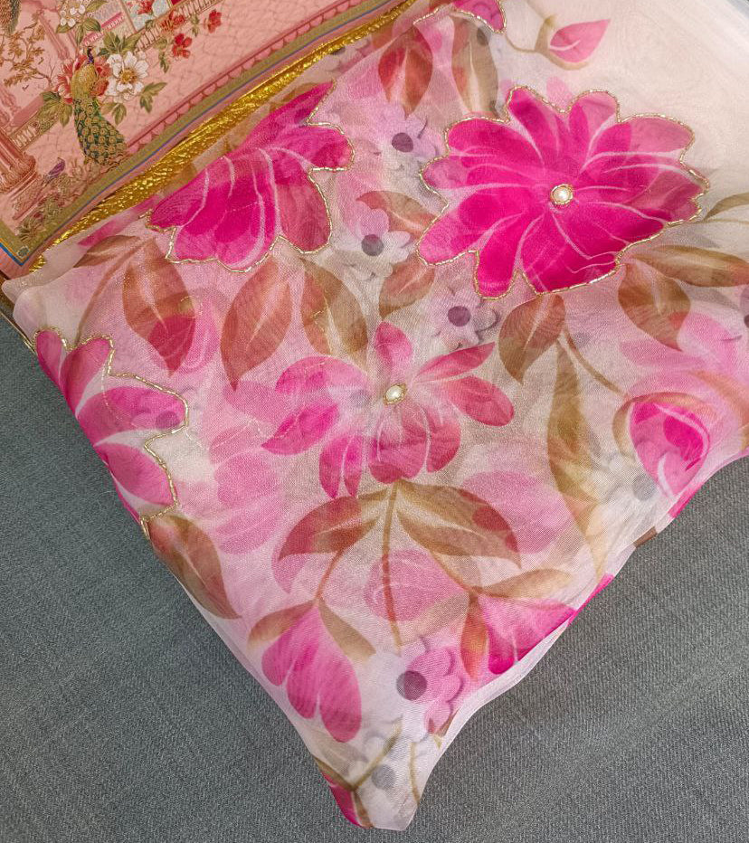 Women's White Organza Digital Print Hand Work Sarees