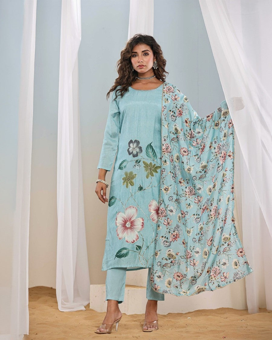 Women's French Crepe Printed Straight Kurta Pant With Dupatta