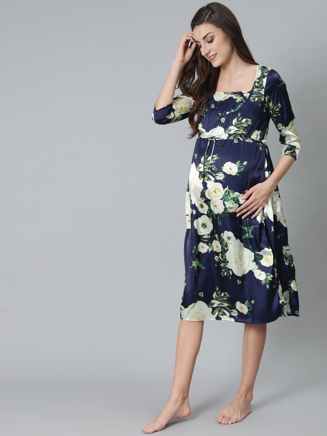 Women's Navy Blue Floral Print Maternity Dress