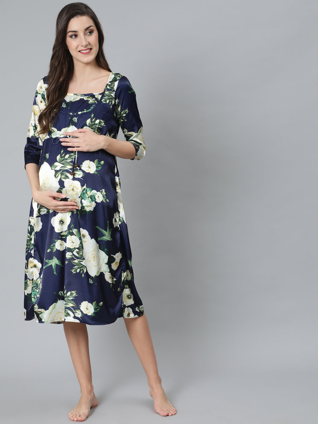 Women's Navy Blue Floral Print Maternity Dress