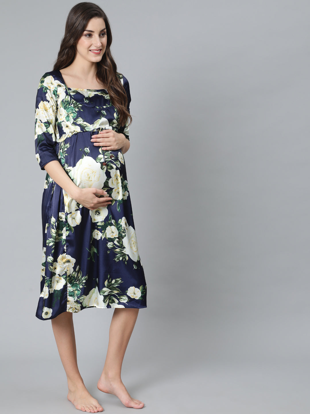 Women's Navy Blue Floral Print Maternity Dress