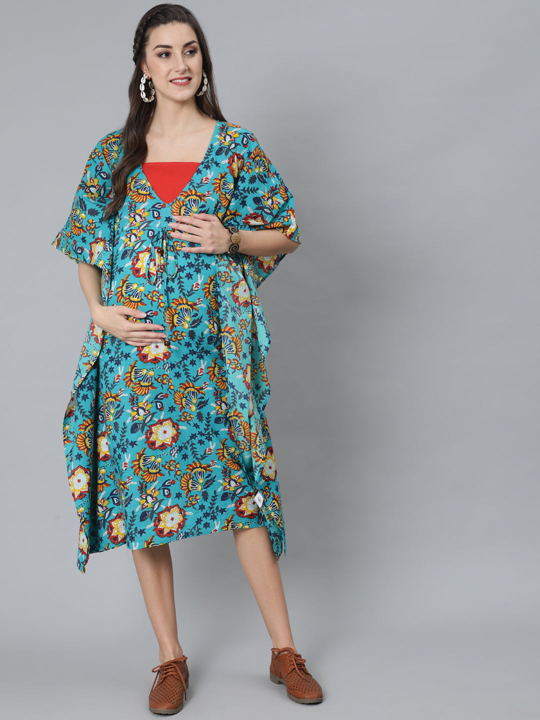 Women's Green Floral Print Kaftan Dress