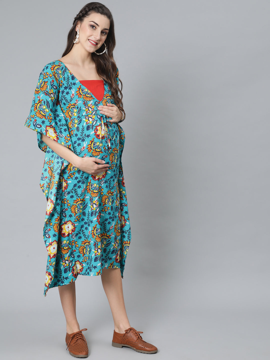 Women's Green Floral Print Kaftan Dress