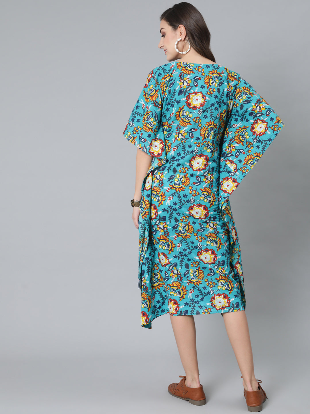 Women's Green Floral Print Kaftan Dress