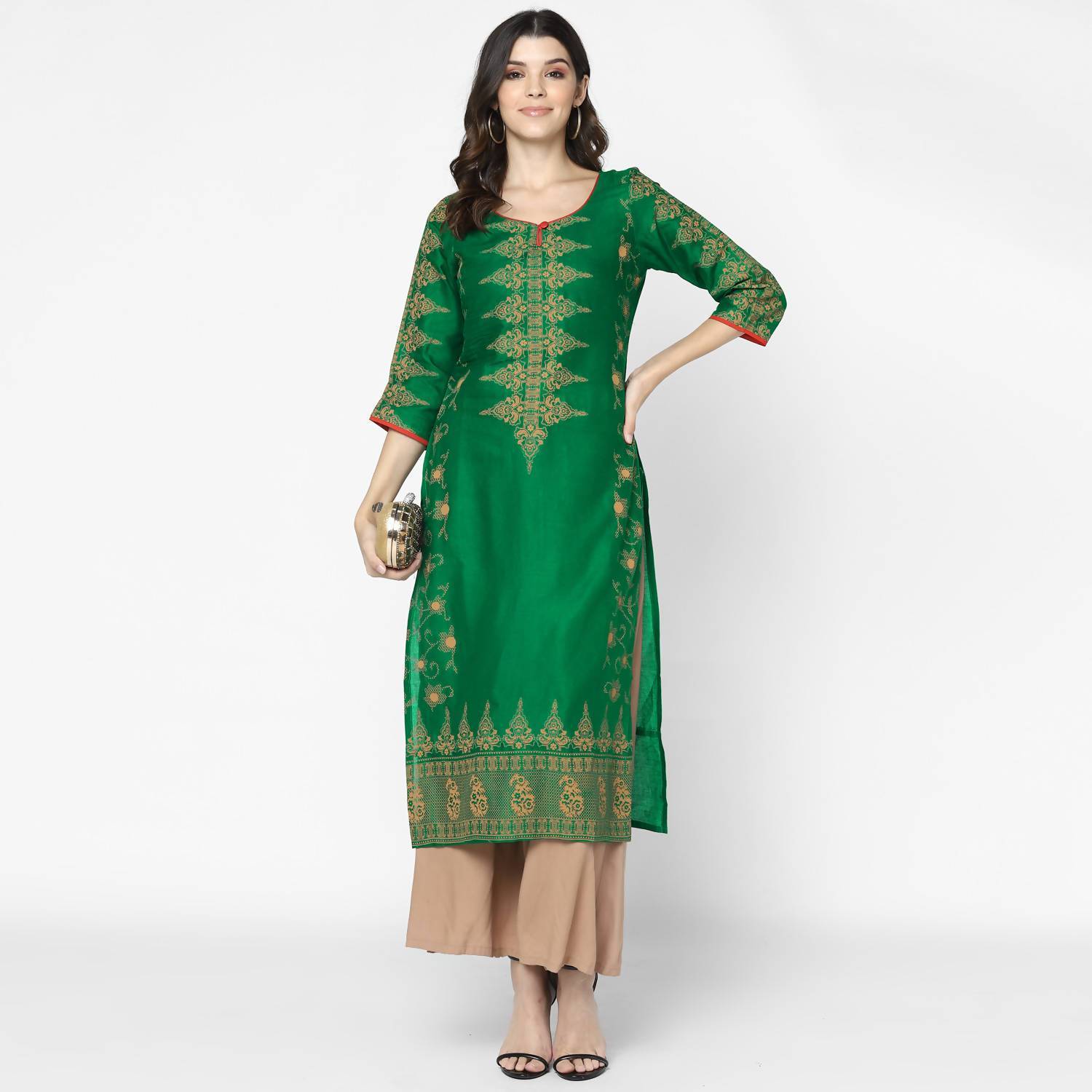 Women's Bottle Green 100% Cotton Hand Block Print Straight Kurta Only