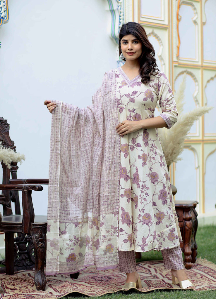 Women's Floral Pink Anarkali Kurta With Palazzo And Dupatta Set