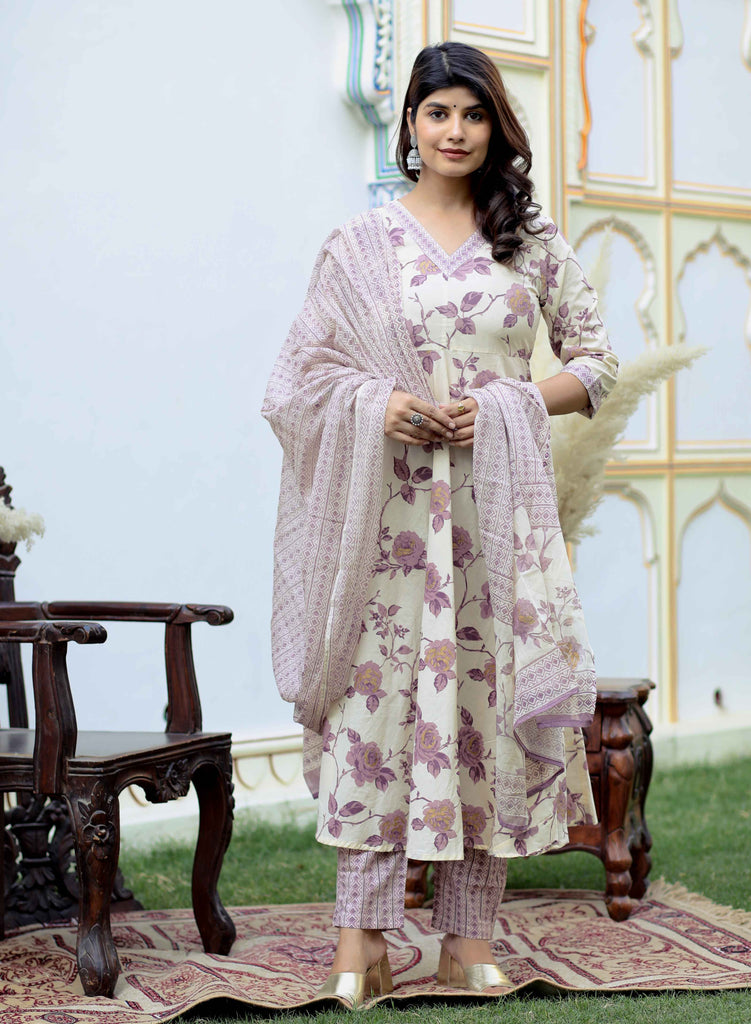 Women's Floral Pink Anarkali Kurta With Palazzo And Dupatta Set