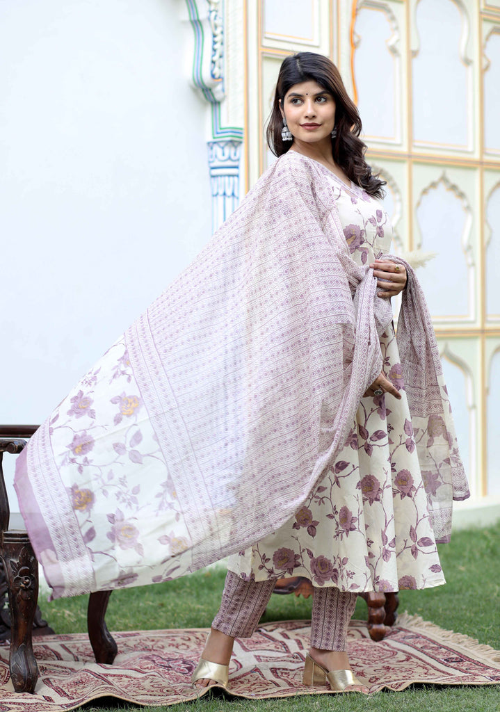 Women's Floral Pink Anarkali Kurta With Palazzo And Dupatta Set