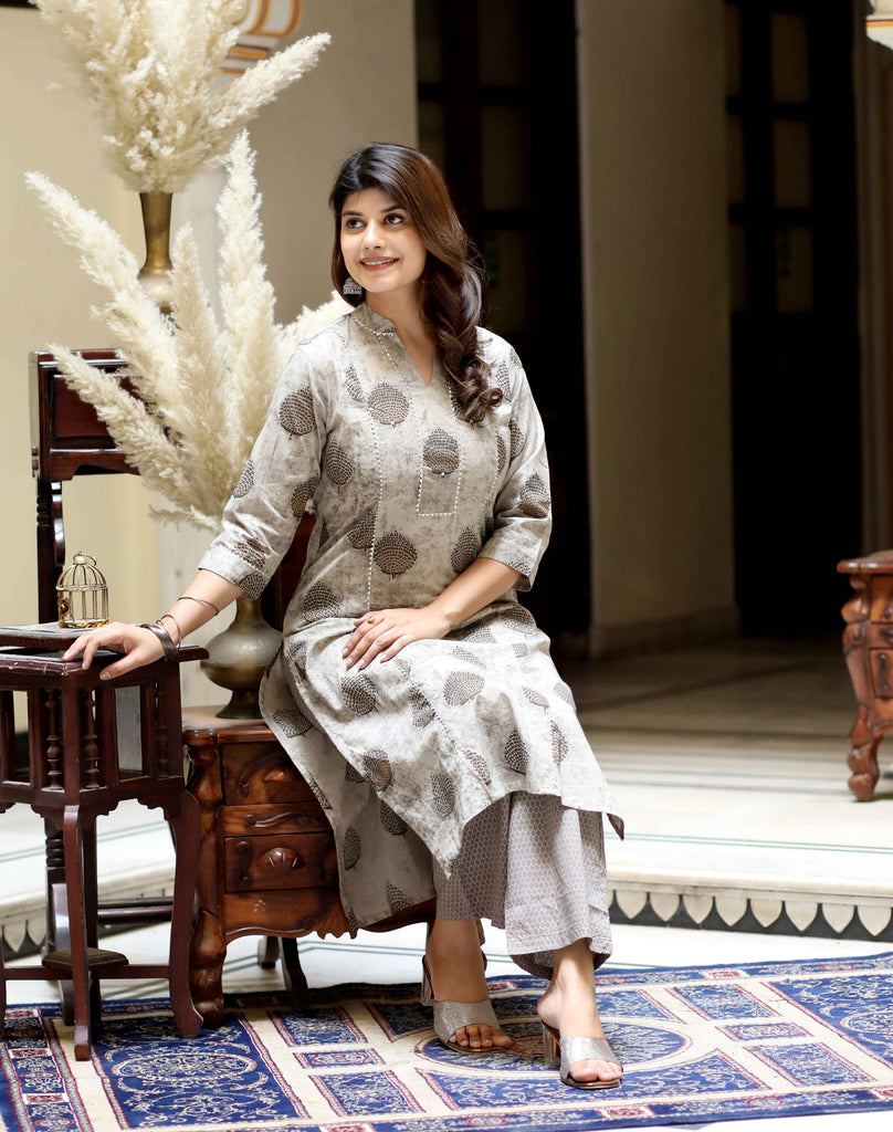 Women's Floral Printed Straight Cotton Beige Kurta And Palazzo Set